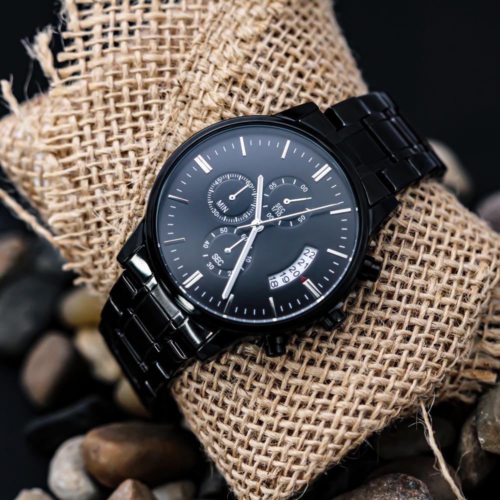 Personalized Engraved Black Chronograph Watch