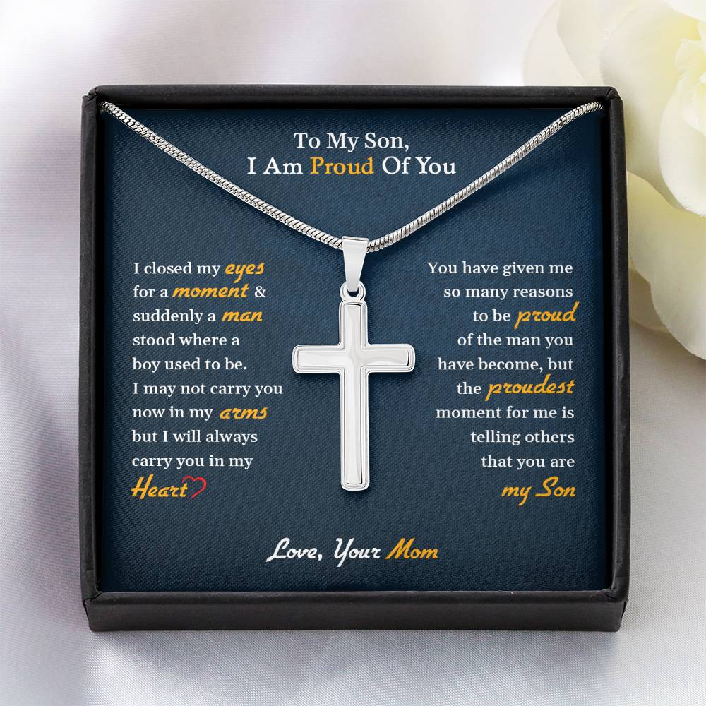 Stainless Steel Cross Necklace, To My Son | I Am Proud Of You