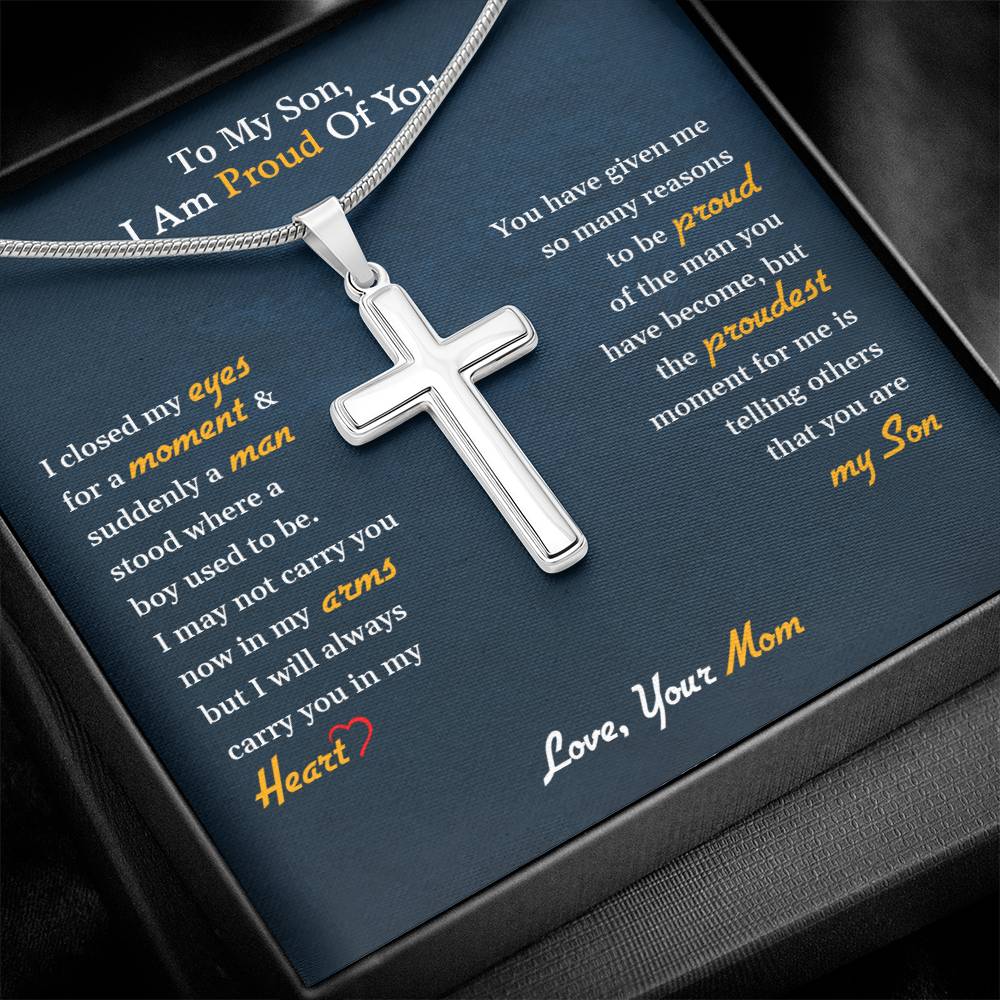 Stainless Steel Cross Necklace, To My Son | I Am Proud Of You