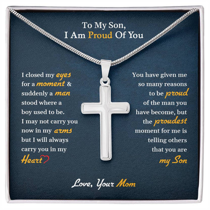 Stainless Steel Cross Necklace, To My Son | I Am Proud Of You