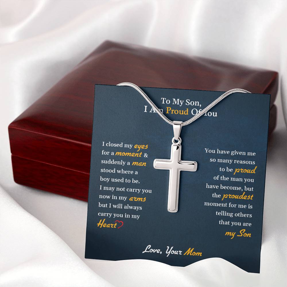 Stainless Steel Cross Necklace, To My Son | I Am Proud Of You