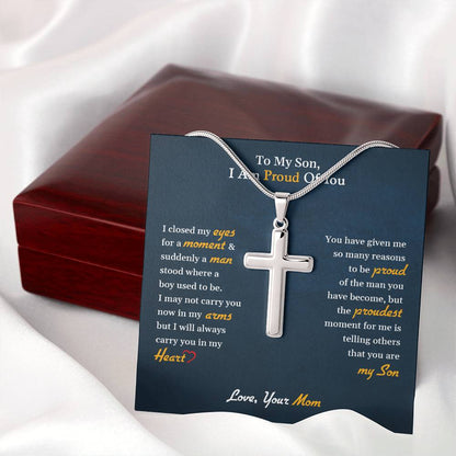 Stainless Steel Cross Necklace, To My Son | I Am Proud Of You