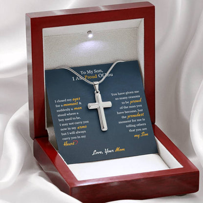 Stainless Steel Cross Necklace, To My Son | I Am Proud Of You