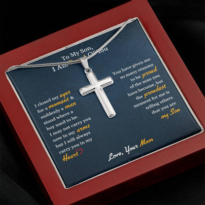 Stainless Steel Cross Necklace, To My Son | I Am Proud Of You