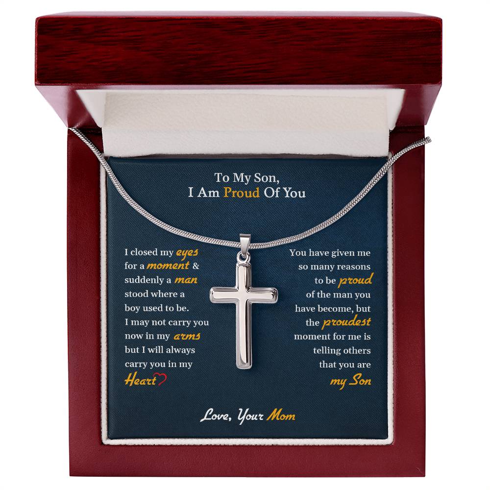 Stainless Steel Cross Necklace, To My Son | I Am Proud Of You